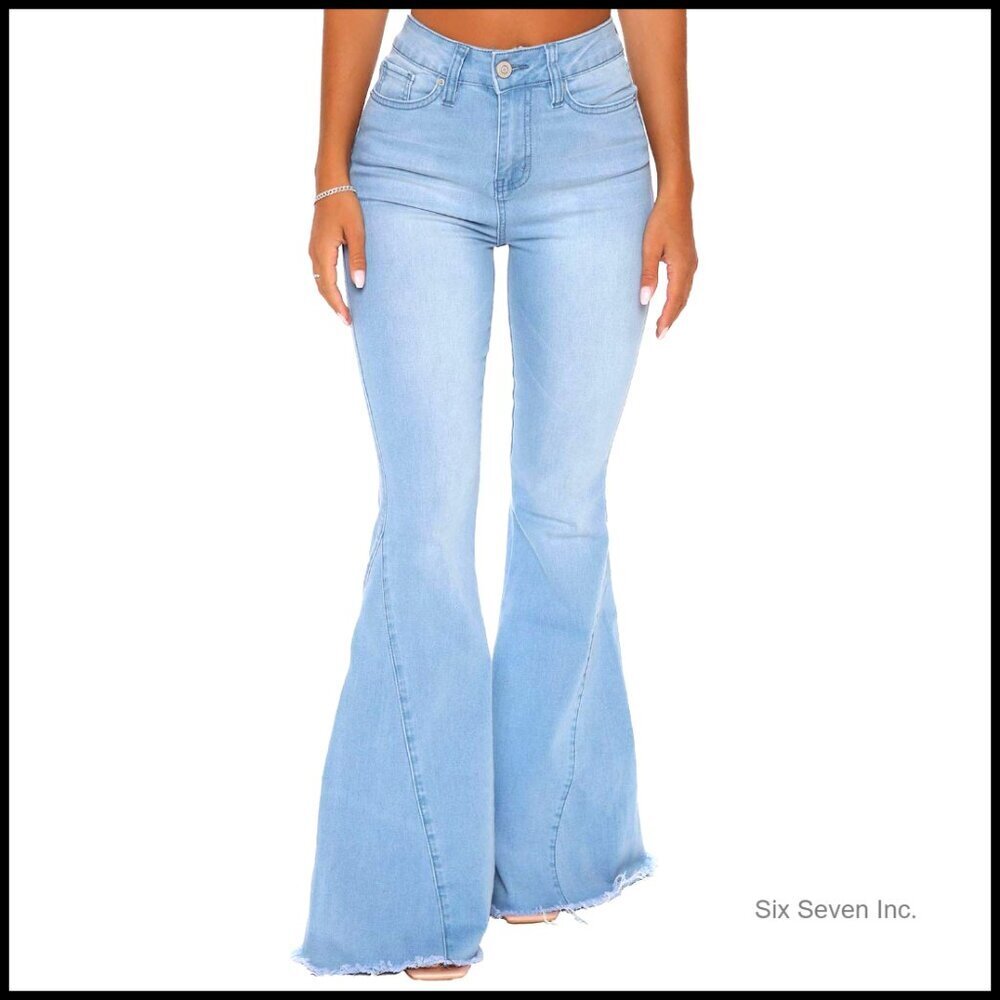 Ripped Bell Bottom Flare Jeans Mid Rise Destroyed Hem Denim Pants Y2K Retro